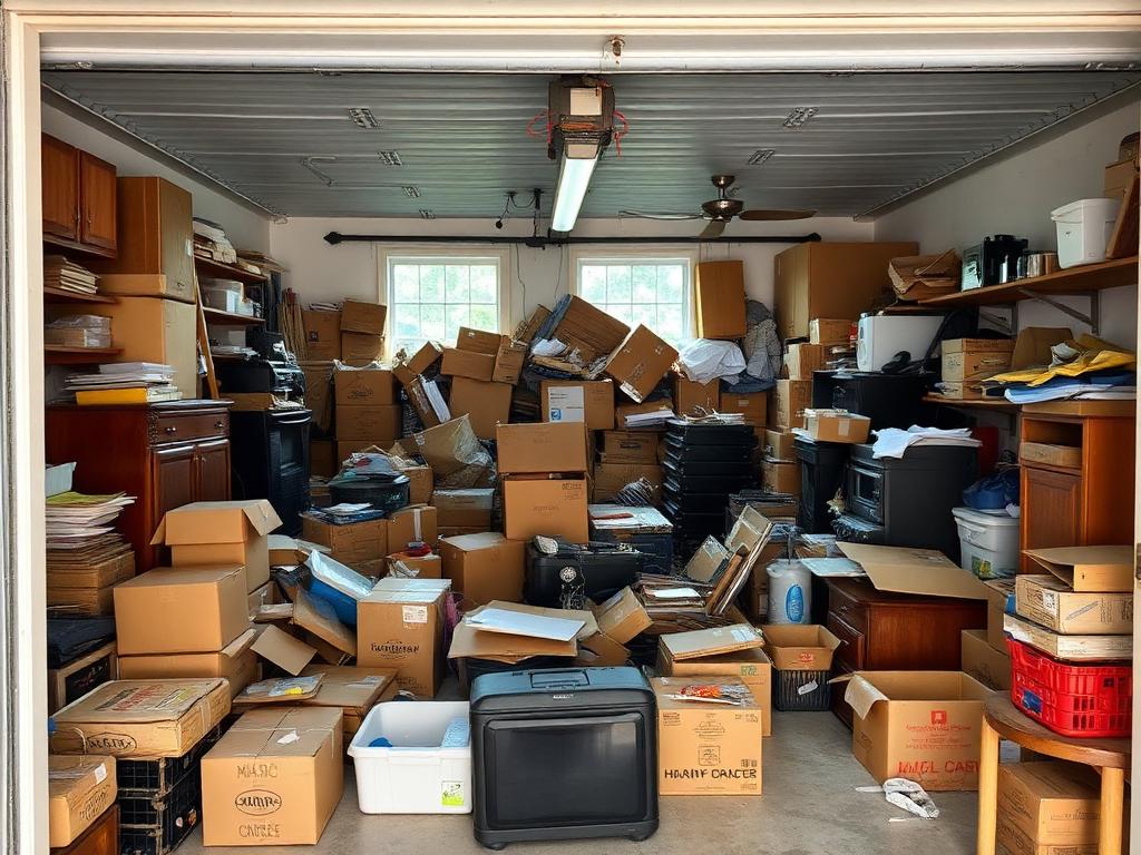 Cluttered garage before cleanout
